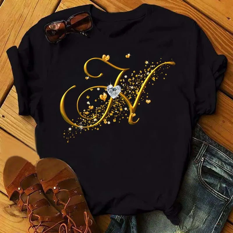 Women's Personalized Letter Graphic Tee — Gold Diamond-Font Monogram Short-Sleeve Top