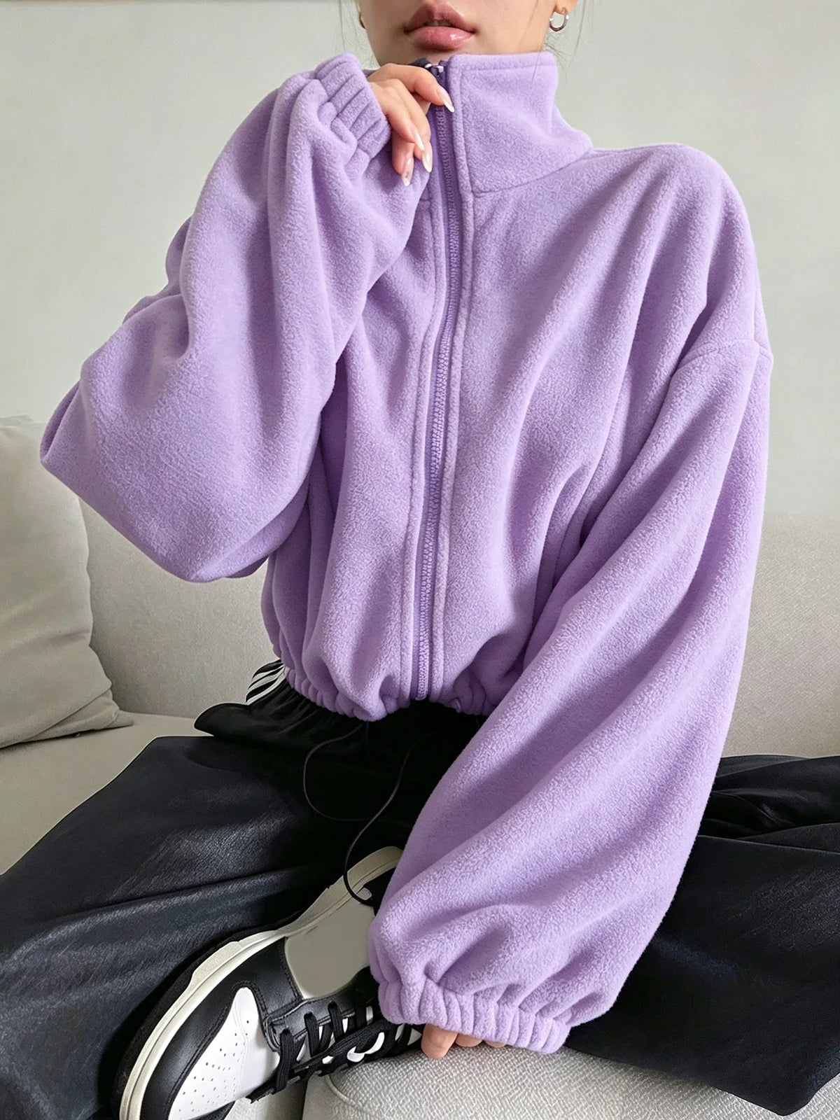 Women's Cropped Polar Fleece Jacket - Stand Collar Zip Up - photo 9