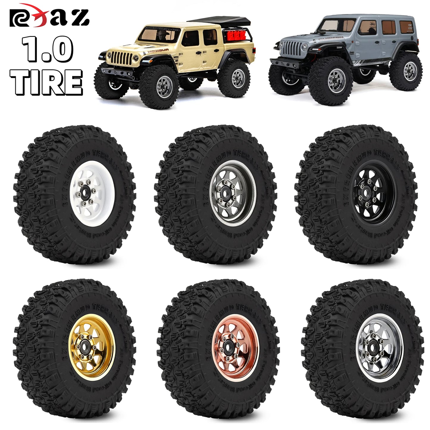 RCXAZ 1.0" Beadlock Wheel Rims 52*19mm Tires Set for 1/18 1/24 RC Crawler Car Axial SCX24 FMS FCX24 TRX4M (W1004-T1014)