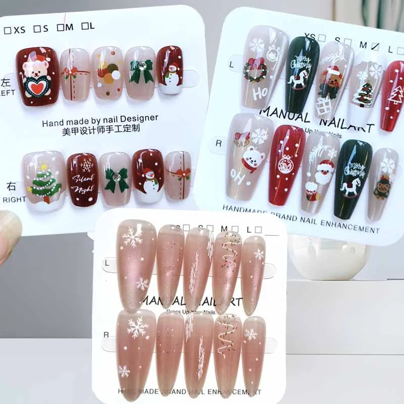 10 Pcs Christmas Atmosphere Press on Nails Cute Christmas Tree Bear Snowflake and Santa Claus Handmade Nails Patch Fake Nails