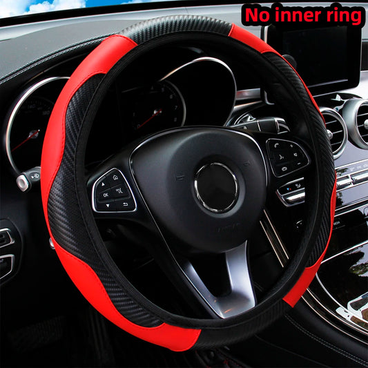 Carbon Fiber PU Leather Steering Wheel Cover – Universal Fit 14.5–15 Inch | Anti-Slip Car Interior Accessory