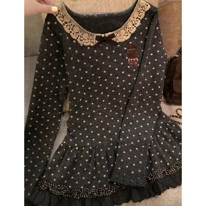 2026 Harajuku Cute Print T-Shirts Women Beige Polka Dot Ruffle Hem Tees Y2K Casual Lace Trim Tops Fashion Summer Streetwear Chic