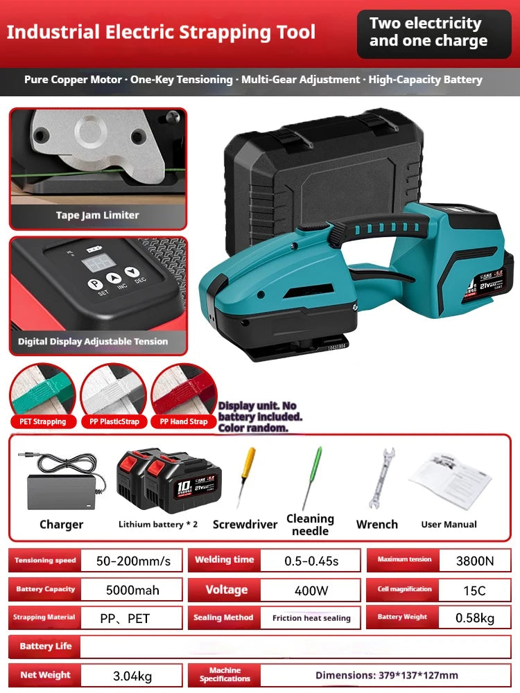 3800N Electric Strapping Machine 13-16mm PET PP Belt Handheld Tool 400W Friction Heat Welding Digital Display Industrial Banding