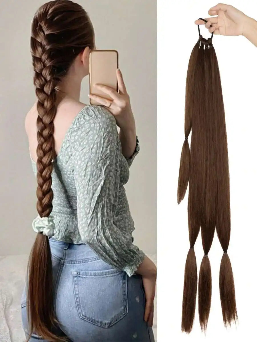 Long Braided Ponytail Hair Extensions With Hair Tie, Straight Wrap-Around Synthetic Hair, Natural Soft