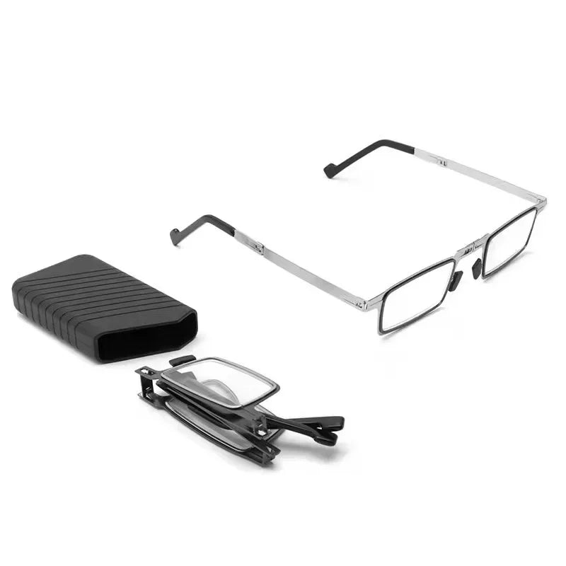 Portable Folding Reading Glasses with Case — Metal Frame, Blue Light Filter, Unisex
