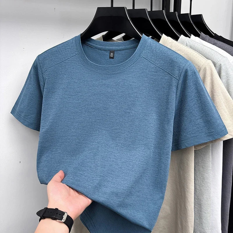 Men's Melange Crew-Neck Tee - Perforated Mesh, Breathable Slim Fit