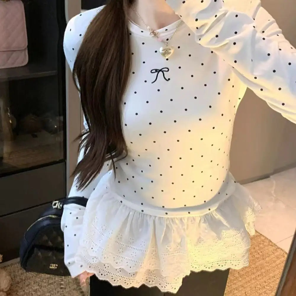 2026 Harajuku Cute Print T-Shirts Women Beige Polka Dot Ruffle Hem Tees Y2K Casual Lace Trim Tops Fashion Summer Streetwear Chic
