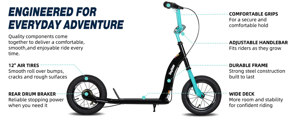 JOYSTAR 12" Kick Scooter for Kids 5+ Teens & Youth with Adjustable Handlebar Big Wheel 2-Wheel Scooter Rear Drum Brakes