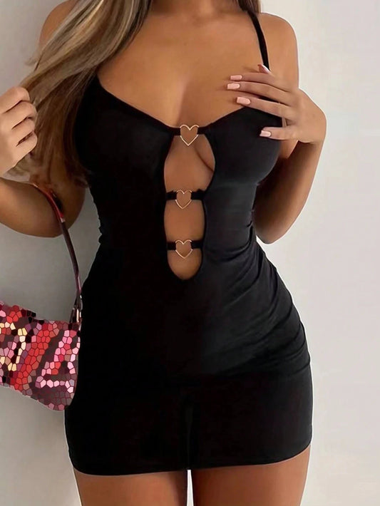 Women's Heart & Ring Decor Hollow Out Spaghetti Strap Bodycon Mini Dress – Sexy Club Dress | S–XL (Black)