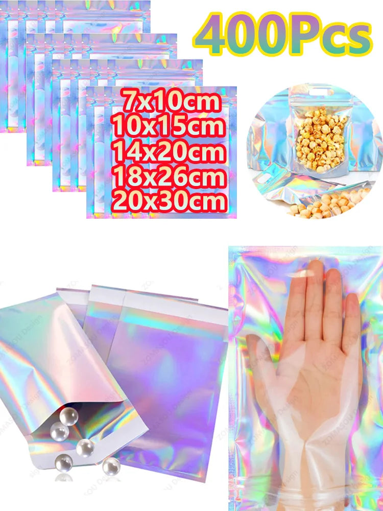 400-1Pc Plastic Color Laser Sealing Bags Resealable Holographic Bag Candy Food Pouch Necklace Gift Jewelry Packaging Storage Bag