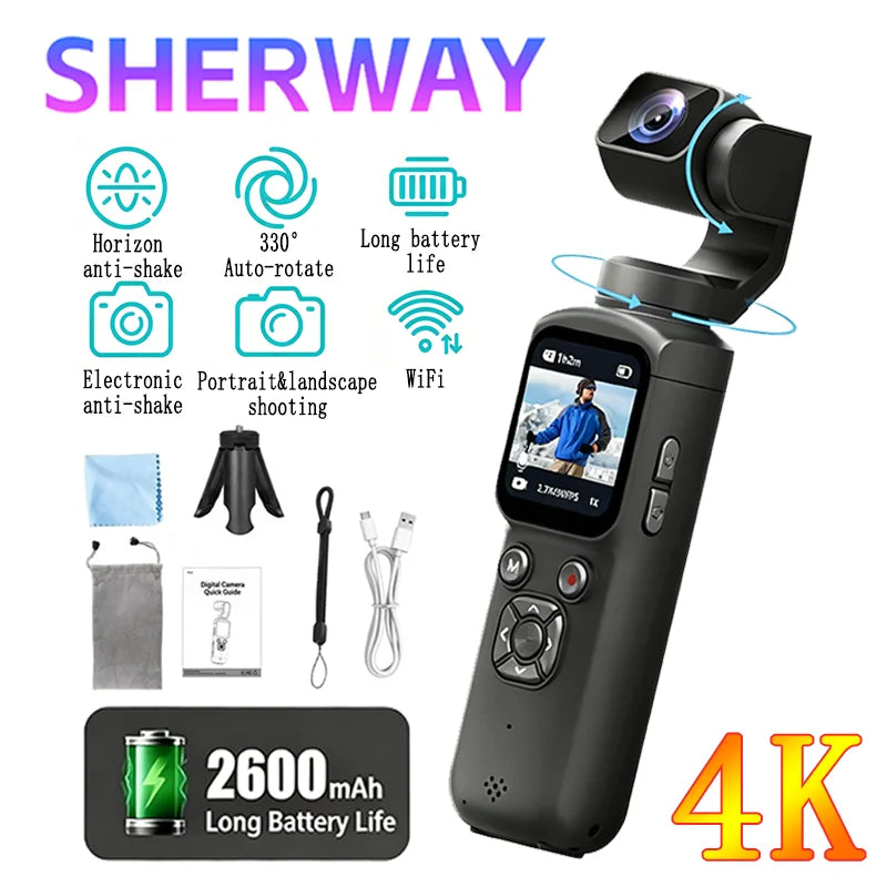 4K Pocket Action Camera — 330° Auto-Rotate Face-Tracking Zoom Cam