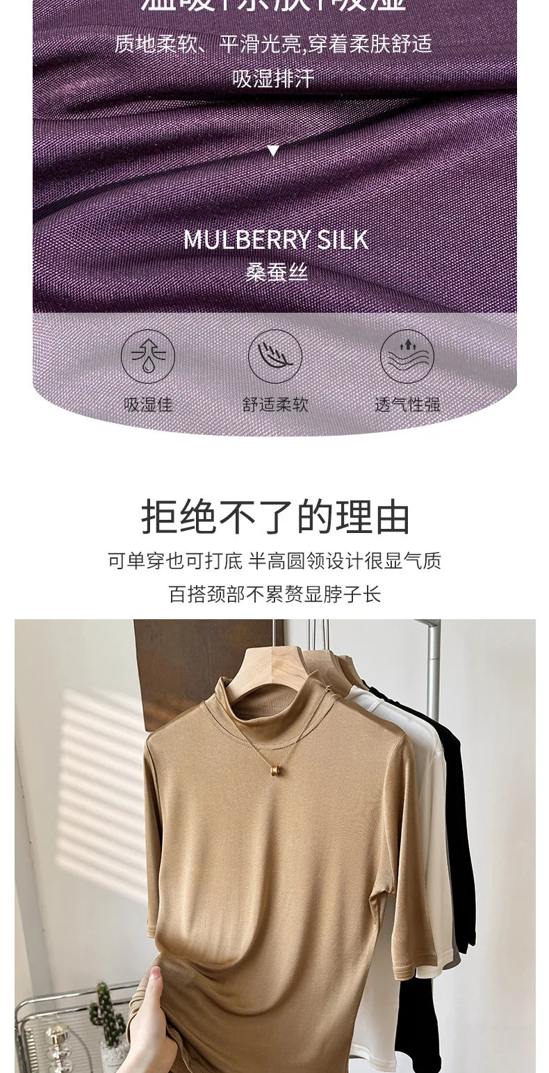 Yuyue's 100% Mulberry Silk Basic Women's T-shirt Solid Color Large Size Half Crew Neck Mulberry Silk Top Mid-sleeve Base Shirt