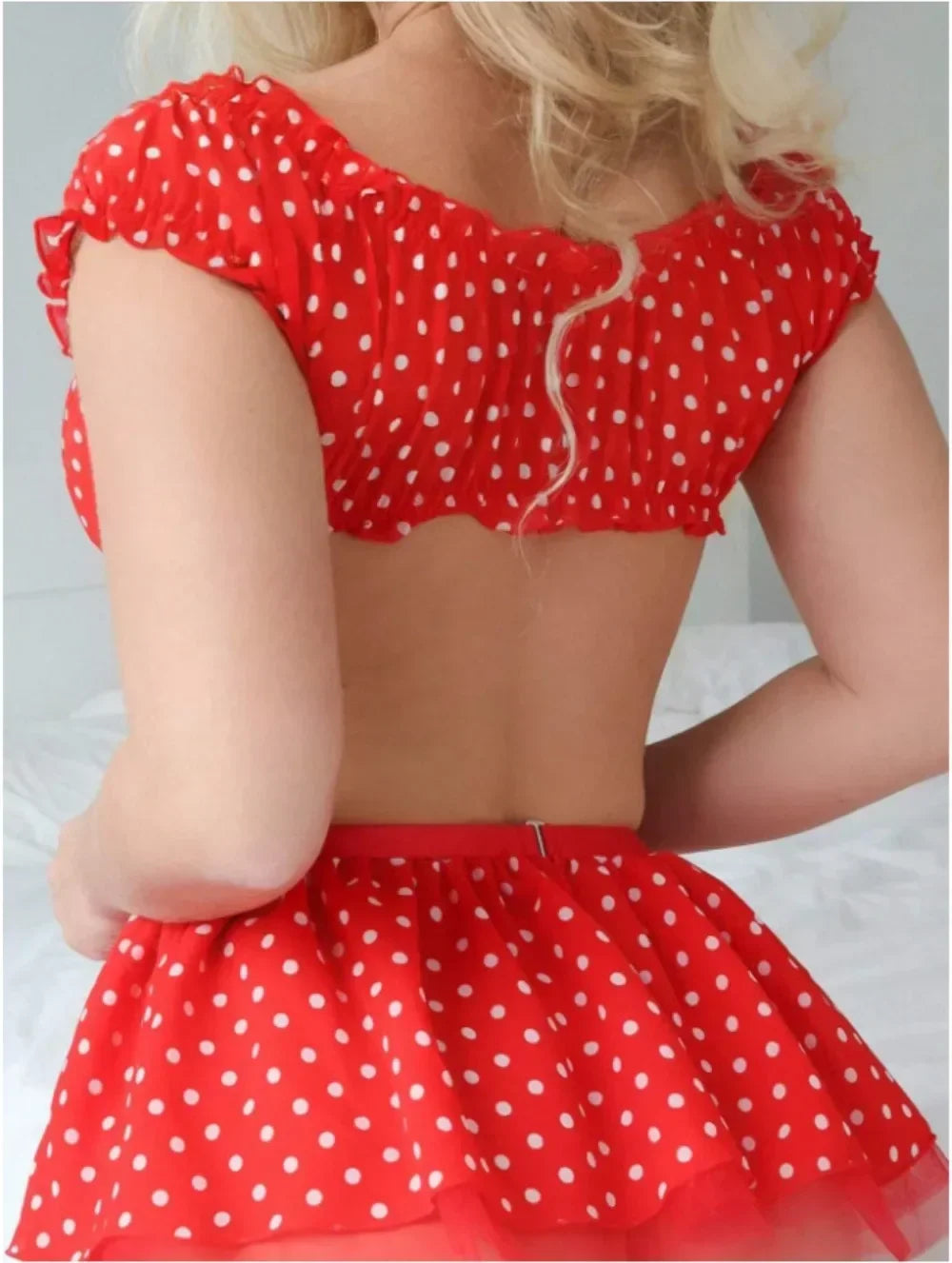 Women's Polka Dot Off-Shoulder Puffy Skirt Lingerie Set – Sexy Bra & Garter Skirt Exotic Set | S–XL (Red, Blue)