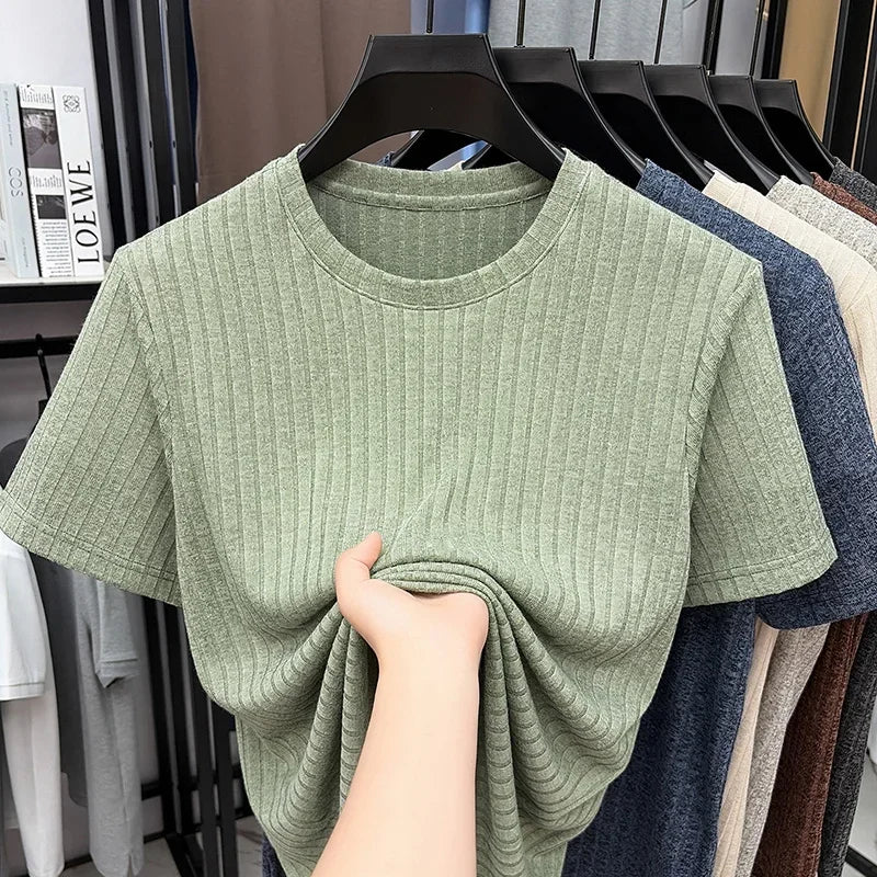 Men's Vertical Ribbed Tee - Crew Neck, Soft Elastic Daily Fabric