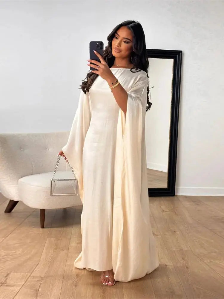 Shimmer Batwing Satin Abaya – Luxury Muslim Kaftan Dress for Eid & Ramadan