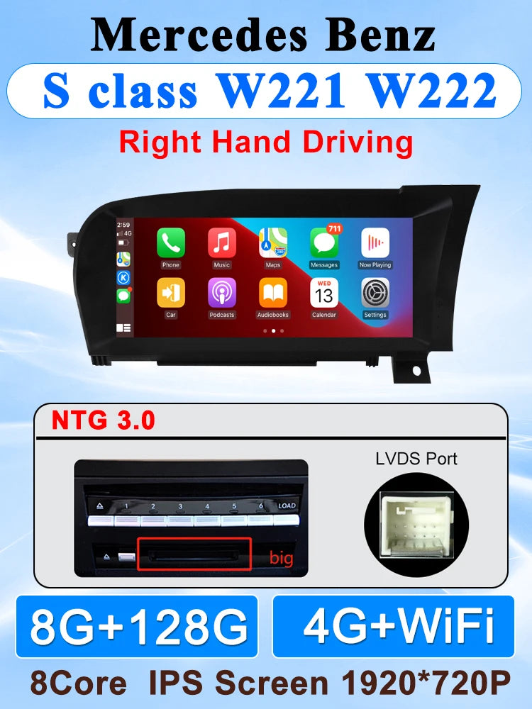 10.25" Wireless CarPlay & Android Auto Display Screen, Compatible with Mercedes-Benz S-Class W221 (NTG 3.0/3.5)