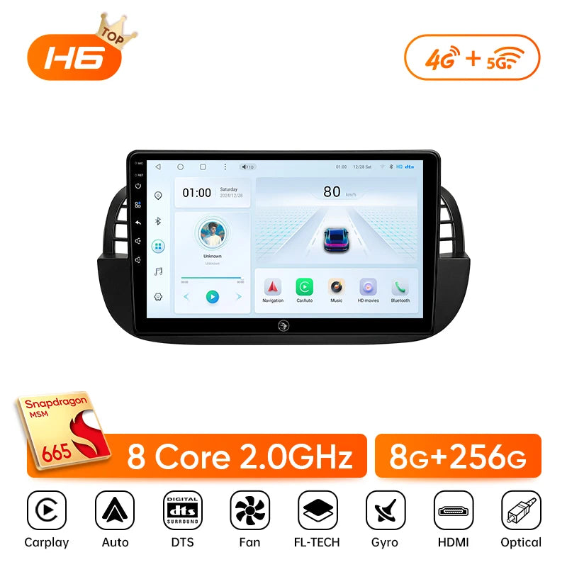 Ainavi 9" Android Car Stereo for Fiat 500 — CarPlay, Android Auto, GPS, Steering-Wheel Control