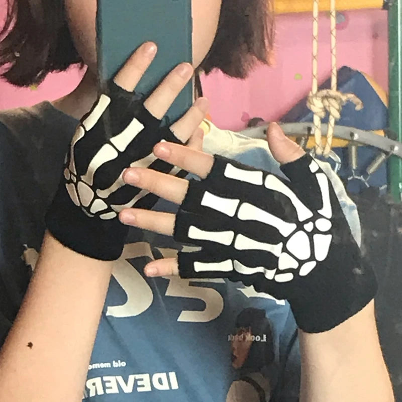 Glow in the Dark Skeleton Fingerless Gloves