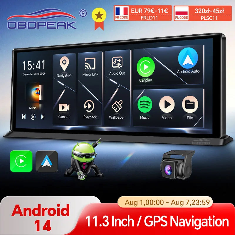 K60 Pro 11.3" 4G+64G WIFI Android 14 AI Screen GPS Navigation Carplay Android AUTO 1080P Dash Cam RearView Mirror Video Recorder