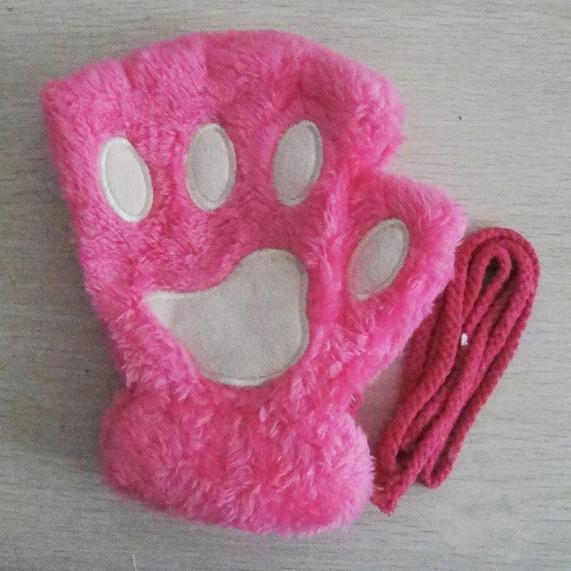Women's Cat Paw Plush Mittens, Fingerless