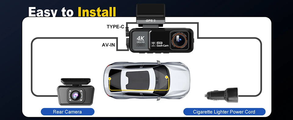 Acceo 4K Dashcam WIFI GPS CAR Video Recorder Dual Lens Support 2.5K Rear Camera Night Vision 24H Parking Monitoring Black Box