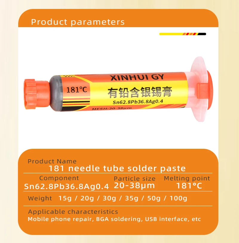 Lead-containing and 181-degree silver-bearing solder paste for syringe soldering, applied in SMT (Surface Mount Technology) chip