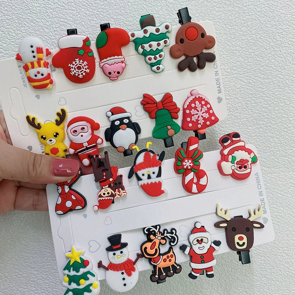 10pcs/Set Funny Christmas Hair Clips Mixed Styles Cartoon Elk Santa Claus Barrettes Kid Girl Xmas Party Headwear Gift