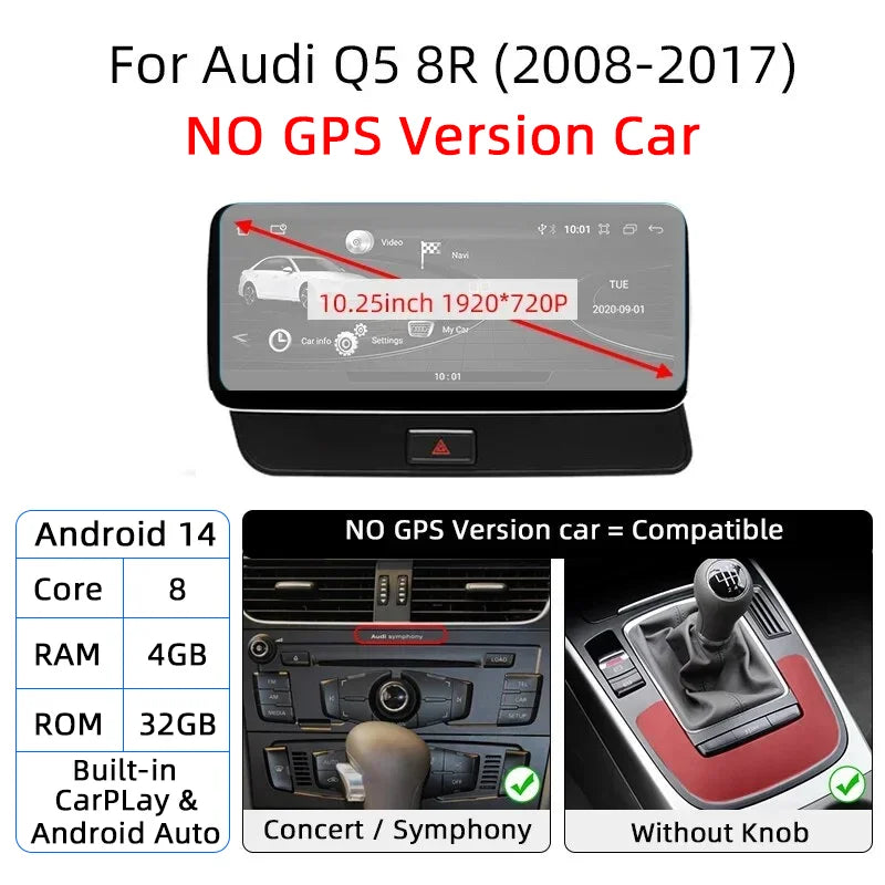 12.3 Android 14 System Car Radio Stereo For Audi Q5 8R 2008-2017 WiFi 4G LTE 8+128GB CarPlay BT IPS Touch Screen GPS