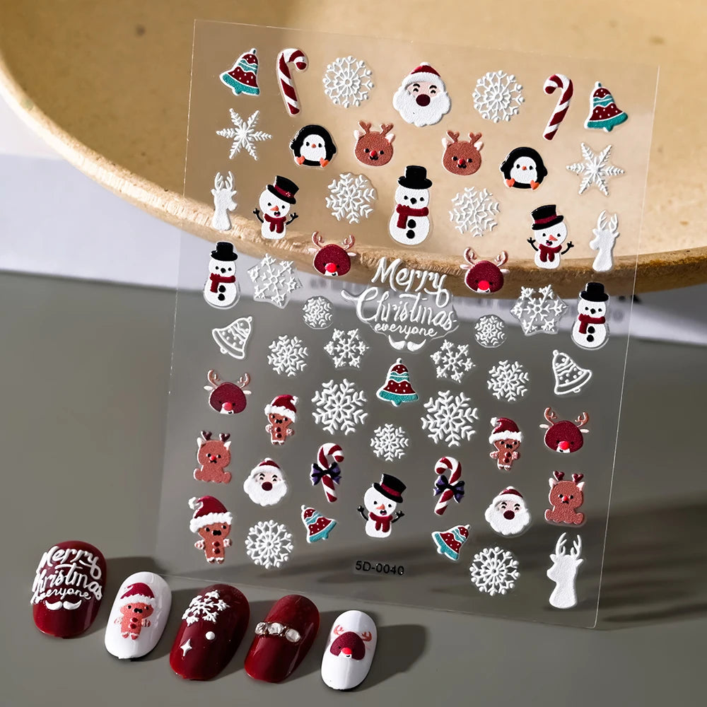 1pcs 5D Embossed Snowflakes/Snowman/Santa Claus/Reindeer Nail Art Stickers Self-Adhesive Cute Christmas Nail Art Decals 8*10CM