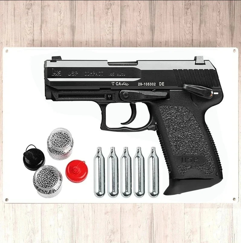 Air Pistol Full Metal CO2 Blowback USP Semi-automatic Pistol Armas 4.5mm 0.177 BBS W/14mm CCW Home Decor Metal Wall Sign