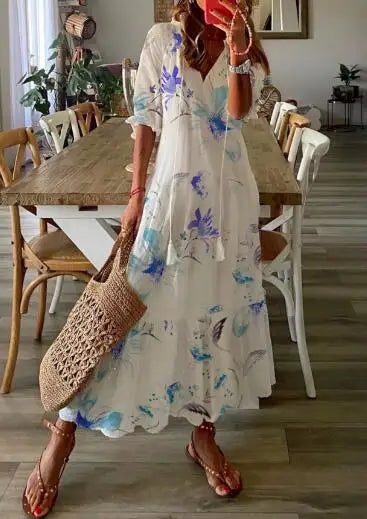 Women's Boho Maxi Dress – Casual V-Neck Drawstring Long-Sleeve Printed Bohemian Dress