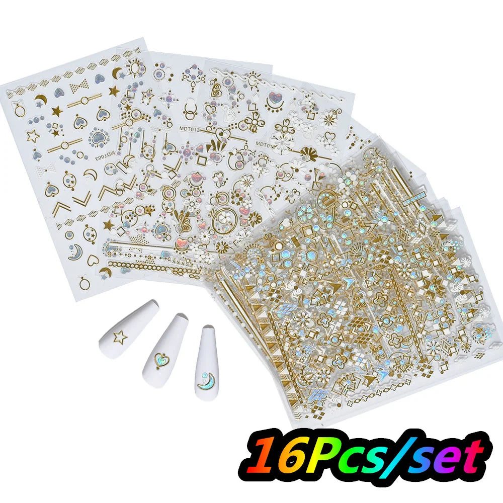 12Pcs/set Laser Silver Snowflake Nail Stickers Set  3D Winter Elk Snowflake Nail Art Decoration DIY Holographic Snowflake Slider