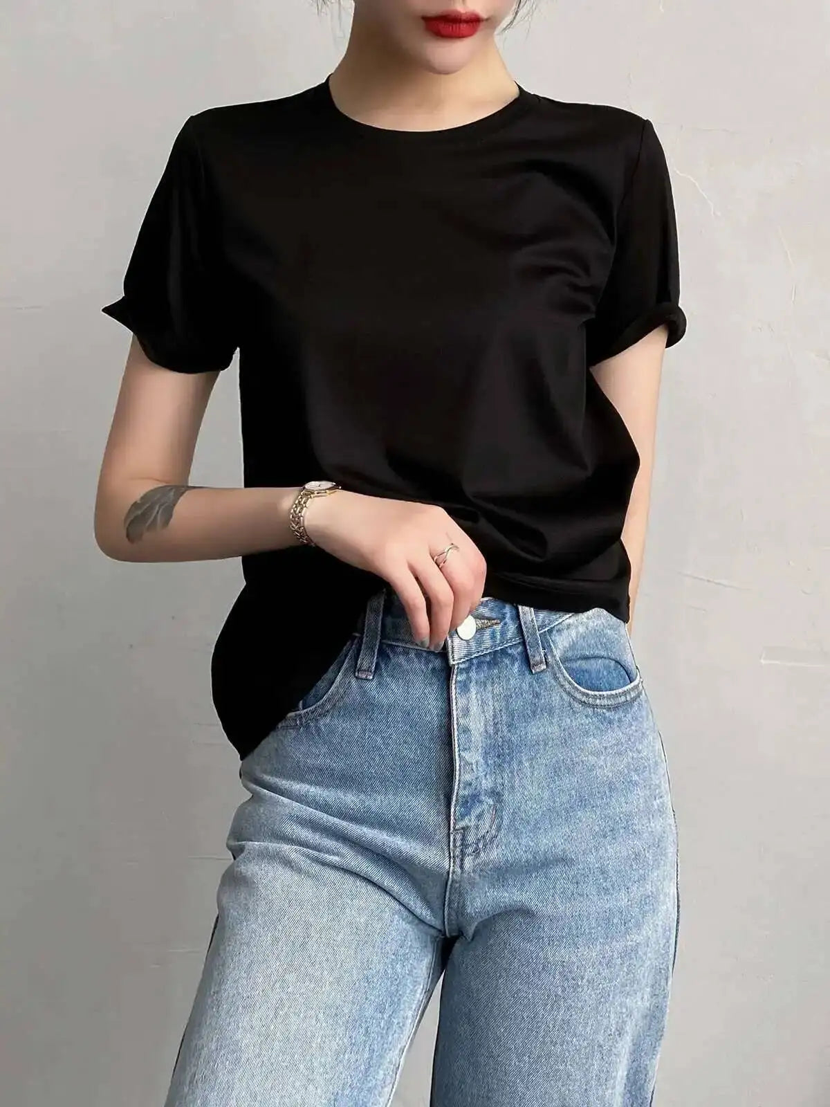 Women's Luxury Mulberry Silk Cotton T-Shirt – Loose Round Neck Short Sleeve Solid Basic Top