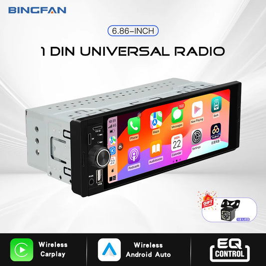6.86" 1-DIN Car Stereo with Wireless CarPlay & Android Auto — Touchscreen MP5, Bluetooth, FM/AM, USB-C