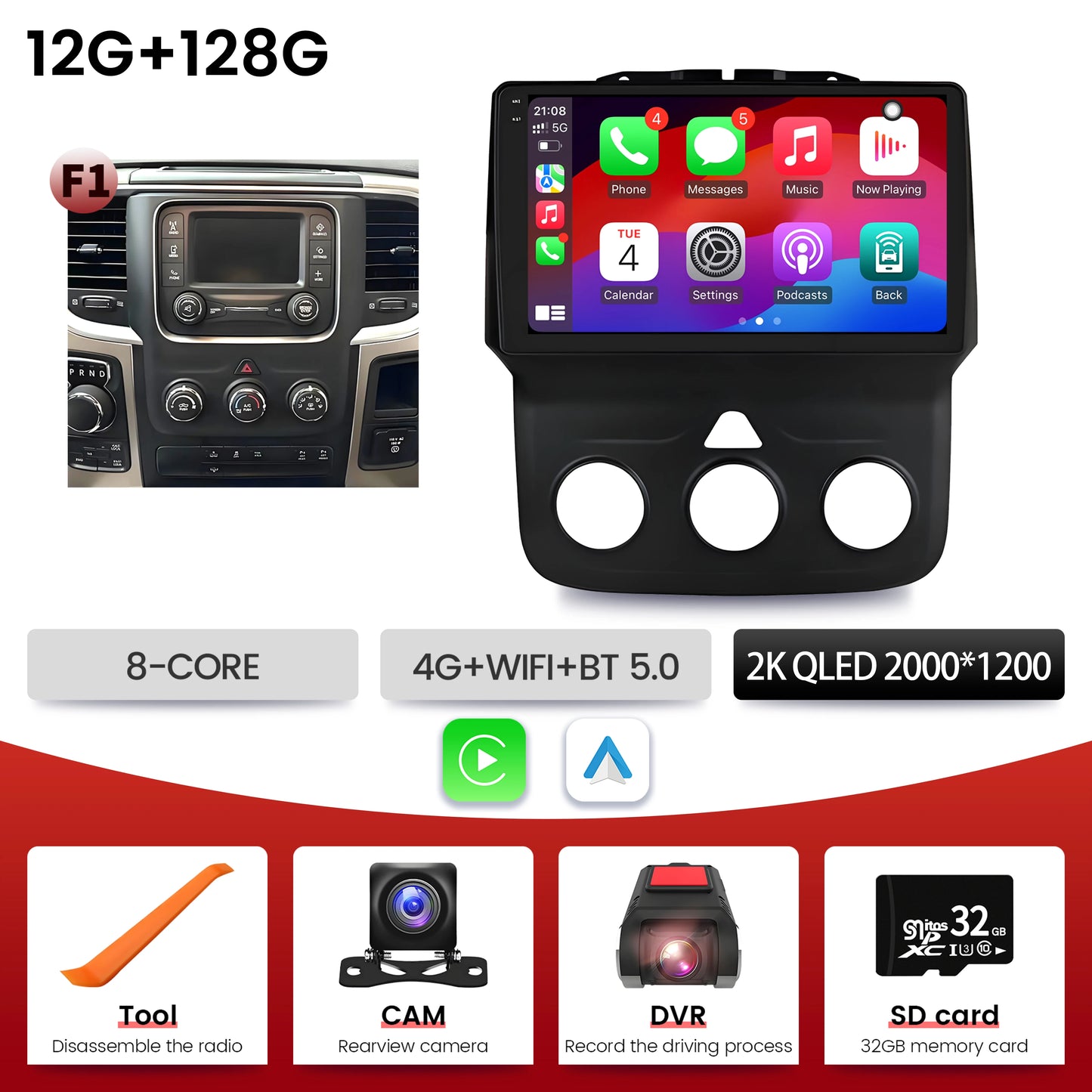 9"  Car Radio For Dodge RAM 1500 2500 2013-2019 Android 16 Wireless BT Carplay Multimedia Navigation Touch 2K QLED Screen