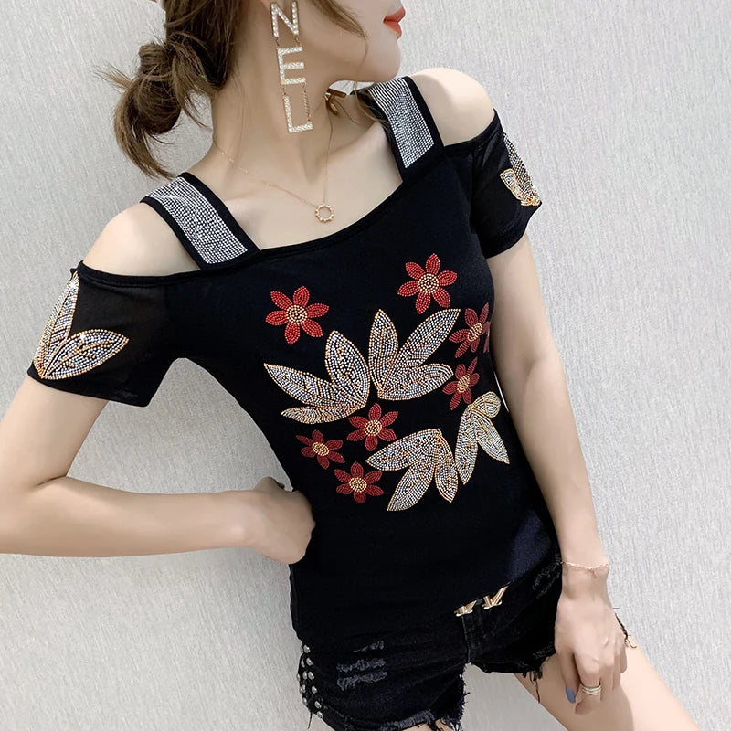 Women's Off-Shoulder Rhinestone Mesh Top