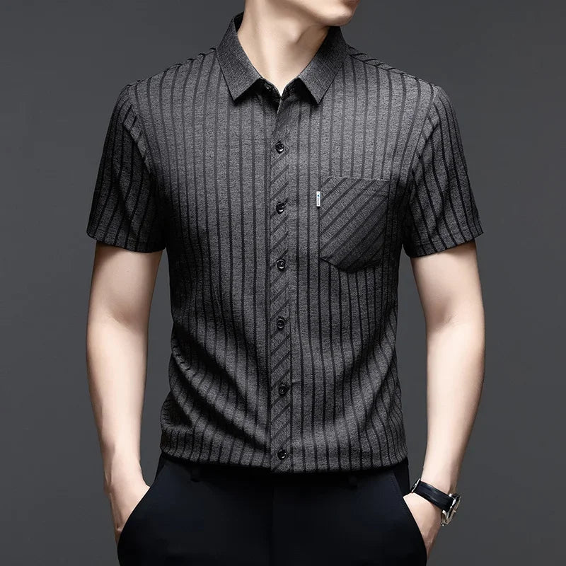 Men's Striped Short-Sleeve Shirt - Button-Down Collar, Chest Pocket
