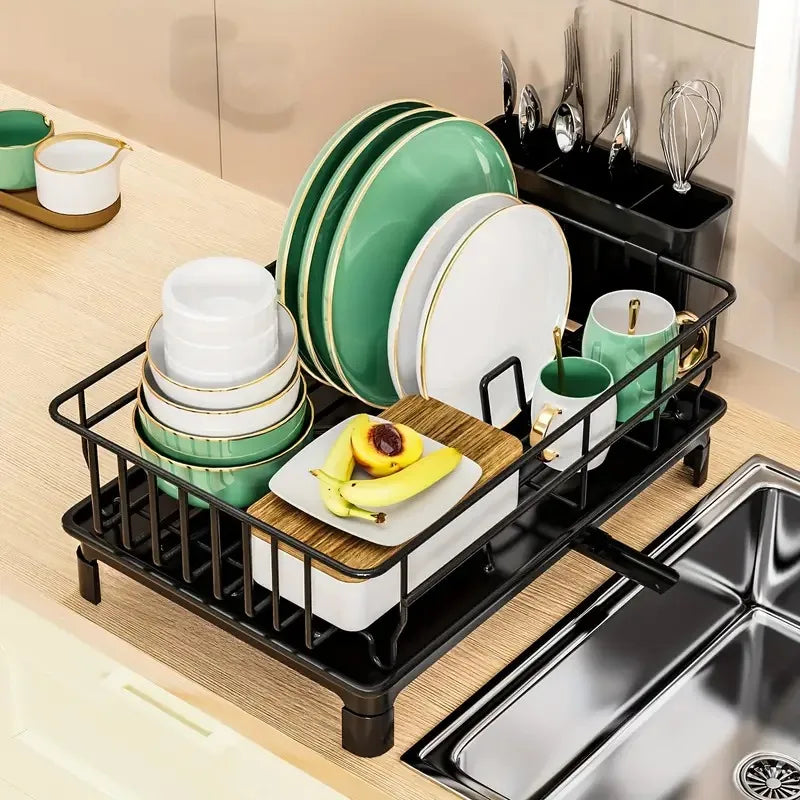 Black Metal Dish Drying Rack with Utensil Holder & Drain Board - photo 3