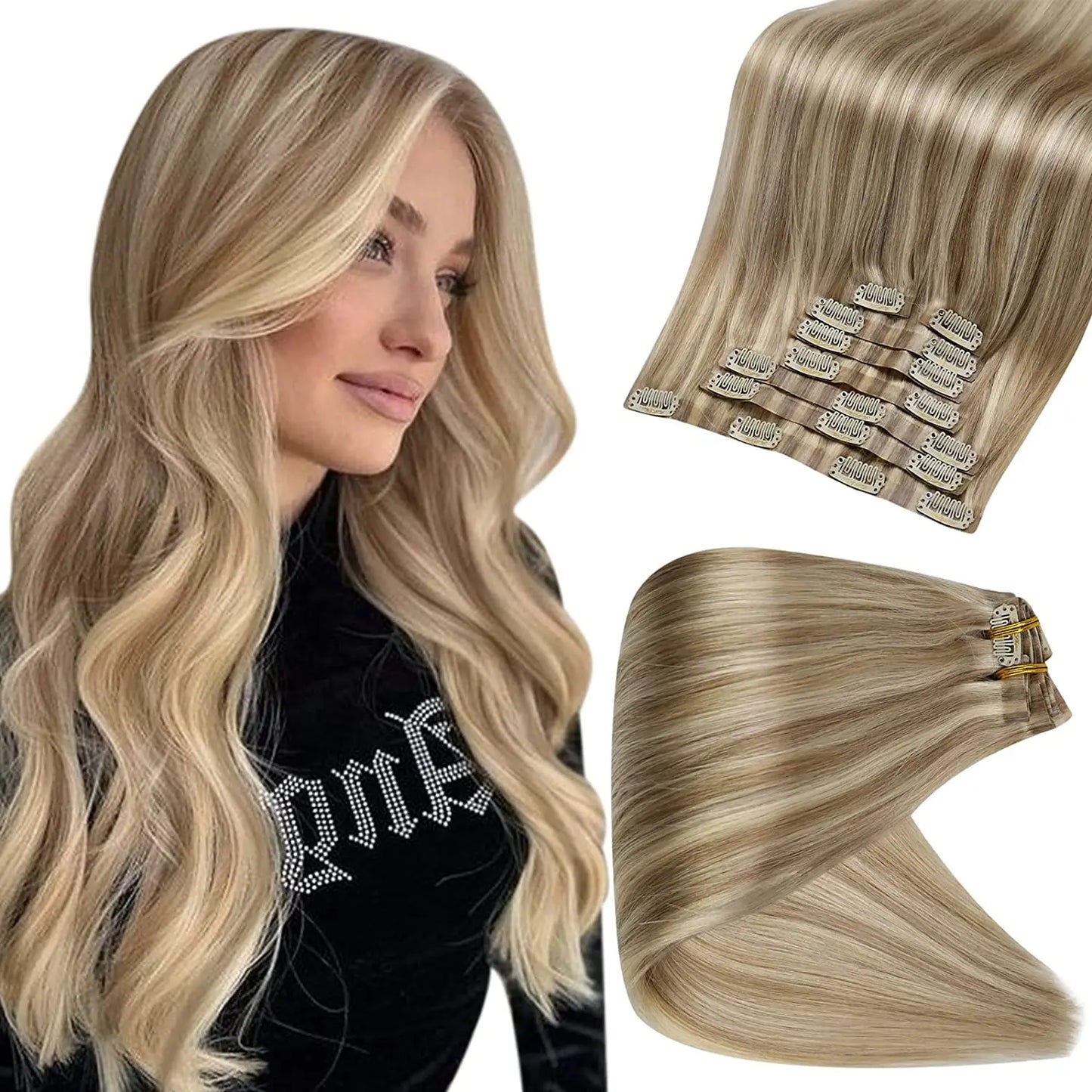 Full Shine Seamless Clip in Hair Extensions Remy Human Hair 8Pcs 120g & 80g Clip In Hair Extensions Human Hair Blonde Skin Weft
