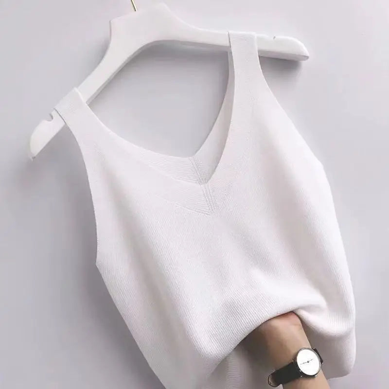 Plus Knit Tank Top V-Neck Ice Silk Sleeveless 2026 Summer Clothing Vests for Women Korean Fashion Loose Elegant Casual Cami Top