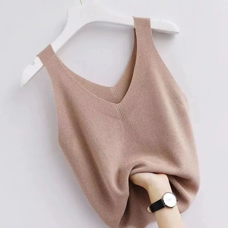 Plus Knit Tank Top V-Neck Ice Silk Sleeveless 2026 Summer Clothing Vests for Women Korean Fashion Loose Elegant Casual Cami Top