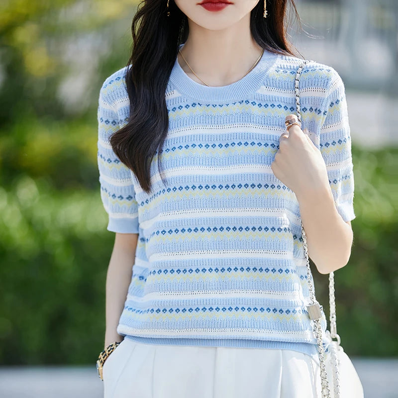 Pure Cotton Hollow Short-Sleeved Ladies Spring And Summer Loose Slim New Joker Knit Bottoming T-Shirt