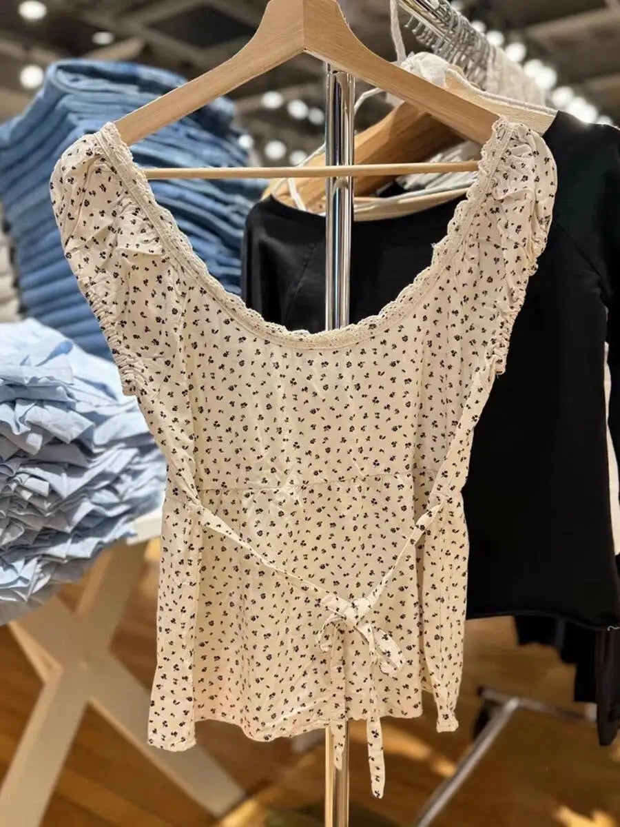 White Lace Tied Square Neck Summer T-shirts Chic Elegant Short Sleeve Tee Cotton Y2K Street Casual Bow Tie-up Top Women