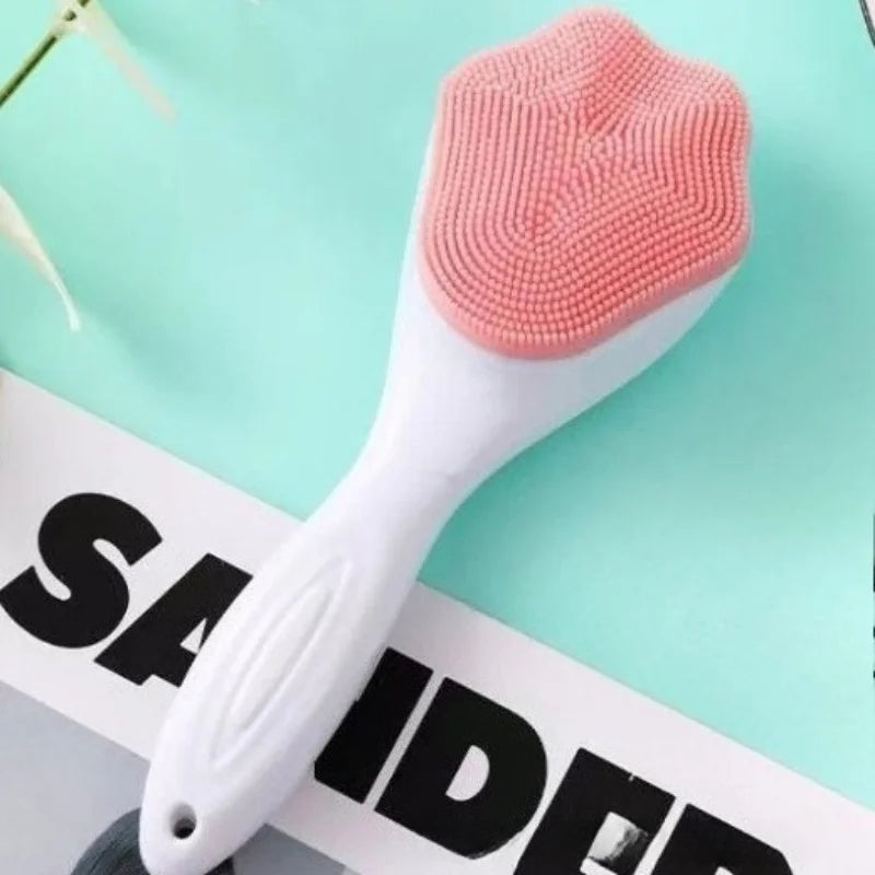 Facial Cleanser Massage Brush with Long Handle, Cat Paw Brush Head, Silicone Soft Hair, Gentle Facial Cleaning Tool.