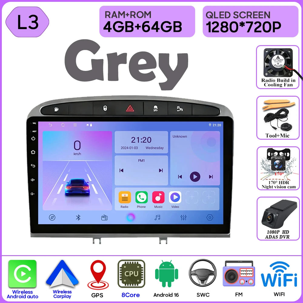 Android 16 Car Radio Player For Peugeot 408 1 2012 - 2020 For Peugeot 308 1 T7 2007 - 2015 Wireless Android Auto Touch Screen 4G