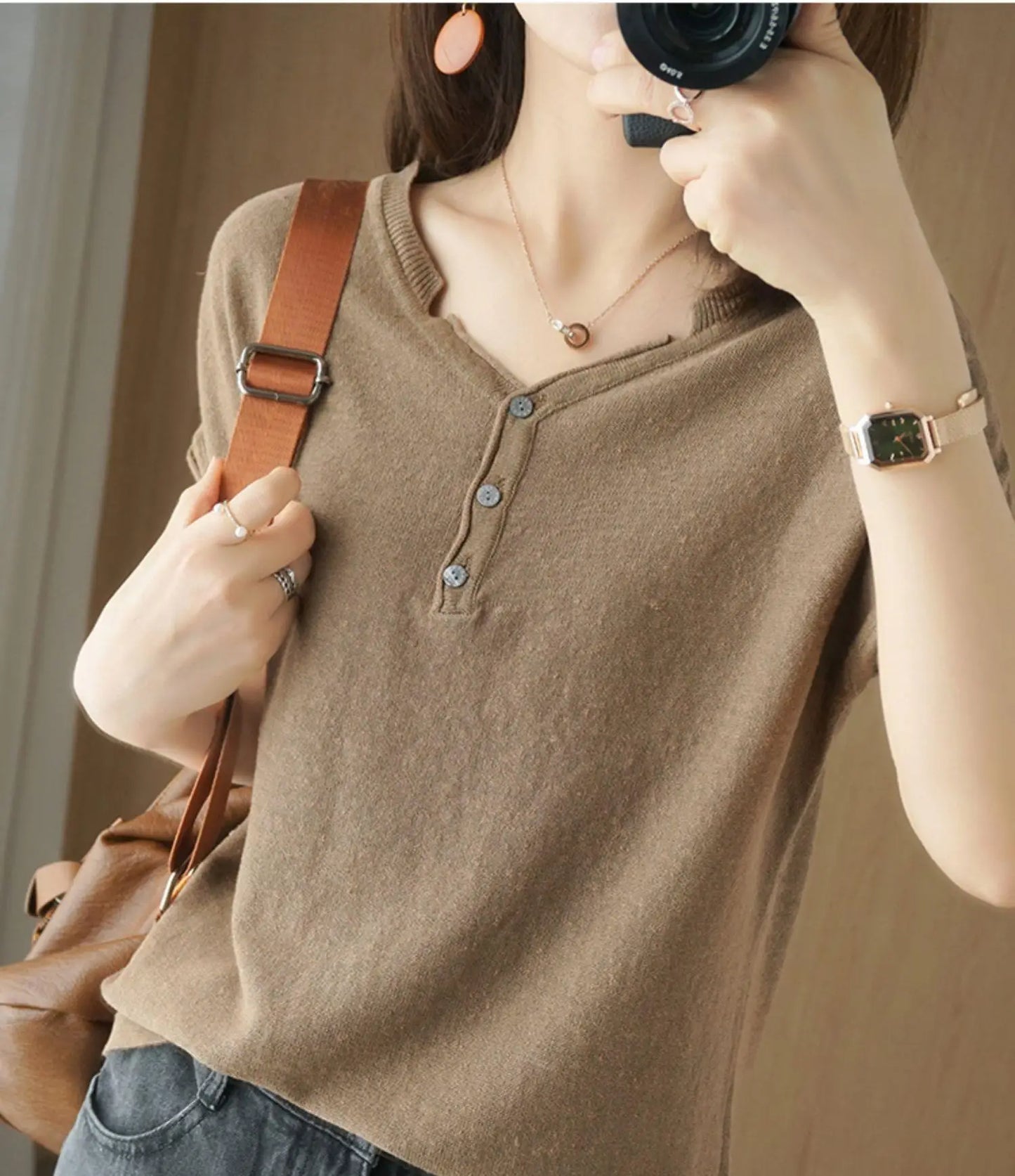 Summer 100% pure cotton women's T-shirt V-neck knitted short sleeved loose Tees solid color pullover button Tops basic versatile