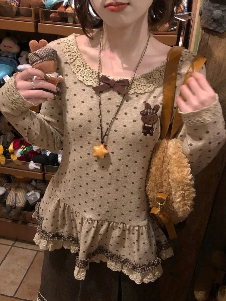 2026 Harajuku Cute Print T-Shirts Women Beige Polka Dot Ruffle Hem Tees Y2K Casual Lace Trim Tops Fashion Summer Streetwear Chic