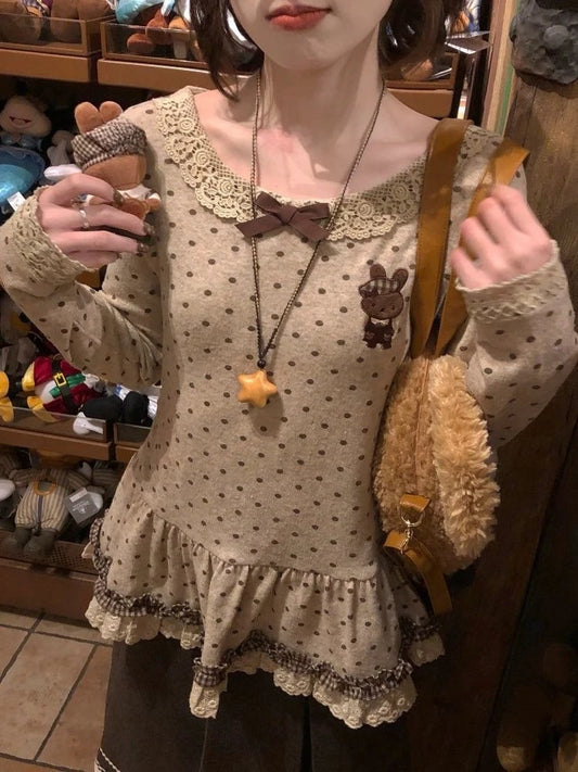 2026 Harajuku Cute Print T-Shirts Women Beige Polka Dot Ruffle Hem Tees Y2K Casual Lace Trim Tops Fashion Summer Streetwear Chic