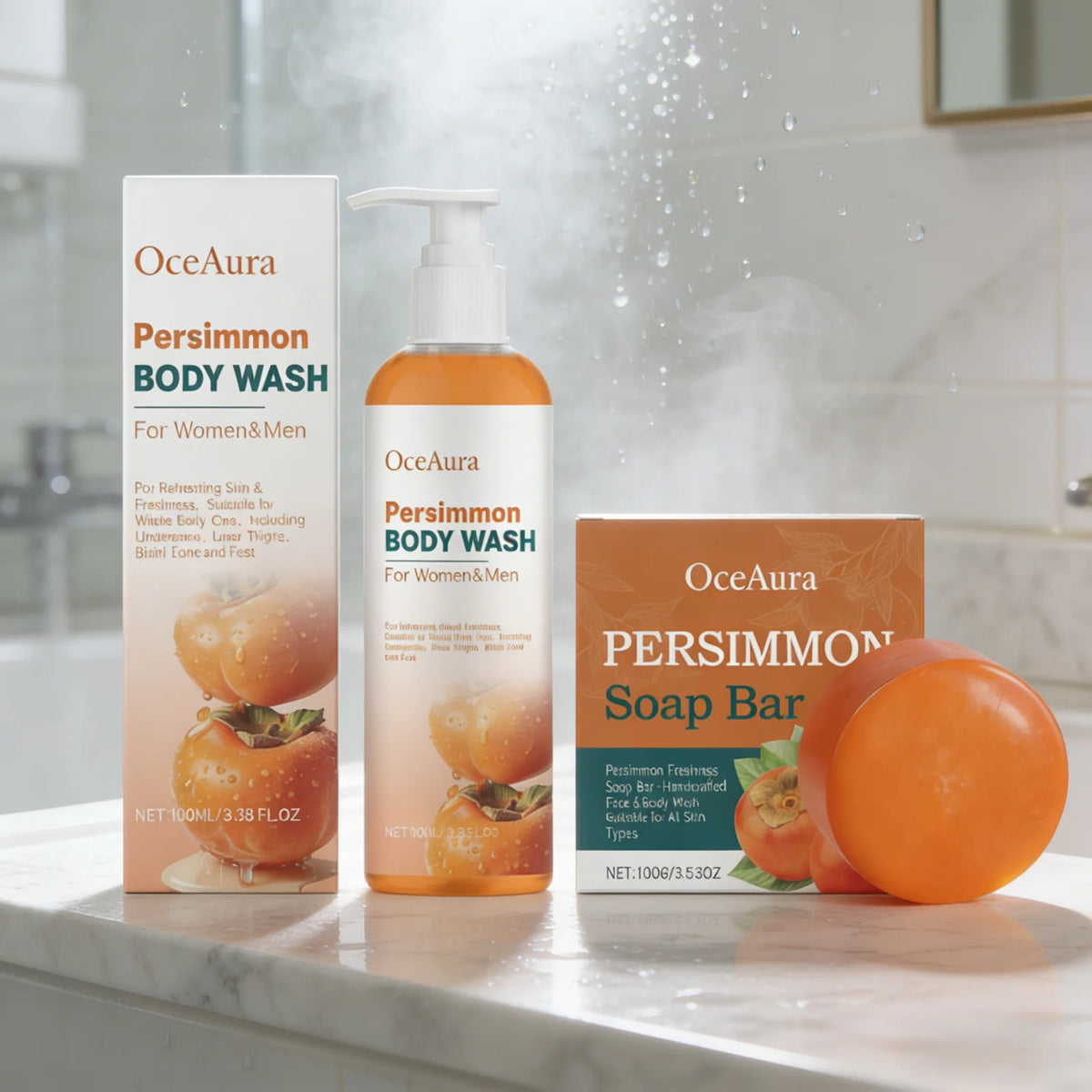 OceAura Persimmon Shower Gel Set Rich Foam Softens Skin Deep Cleansing Long Lasting Fragrance Natural Fruit Extracts Soap Bar