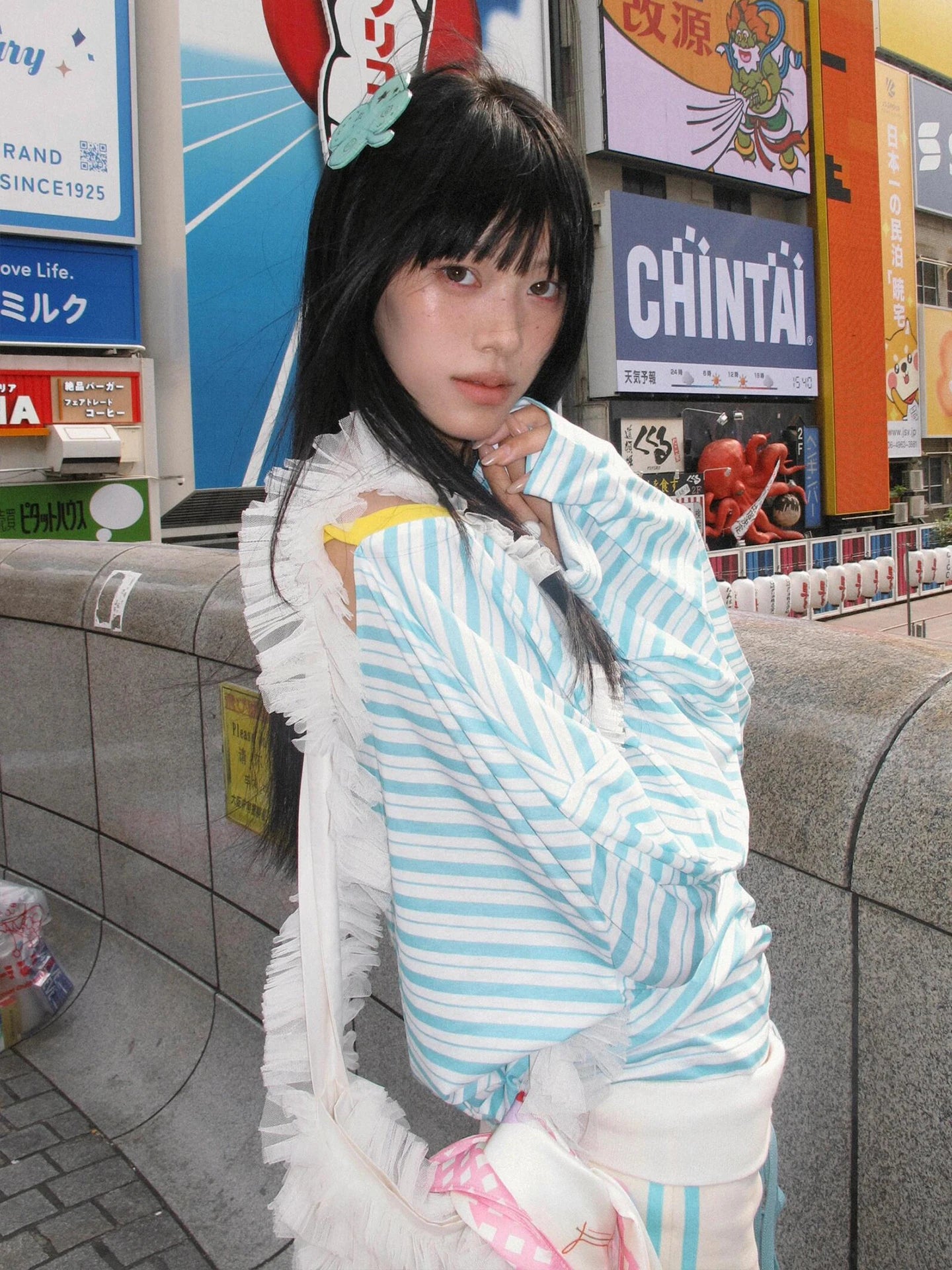 Tonngirls Women's Japanese Y2K Blue Striped V-Neck Long Sleeve T-Shirt – Vintage Off Shoulder Loose Tee